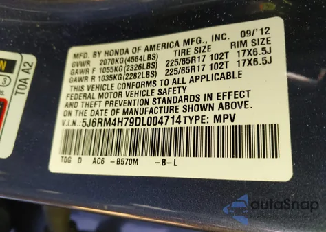 2013 Honda Cr-V Ex-L z USA, uszkodzony, nr VIN 5J6RM4H79DL004714